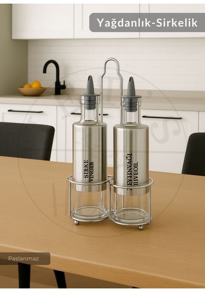 2 Li Set Yağdanlık Takımı Paslanmaz Yağlık Sirkeli Çelik 300 Ml Metalik Gri