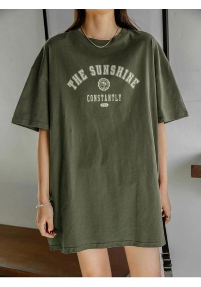 Flood Of Style Kadın Haki The Sunshine Baskılı Oversize Bisiklet Yaka Tshirt
