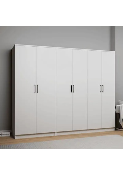 Kardelen Serisi 220 Cm Mat Beyaz 6 Kapılı 9 Raflı Elbise Dolabı - Gardırop Seti Beyaz