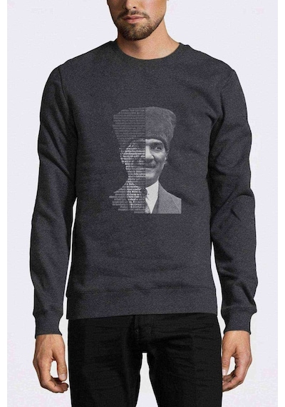 Atatürk Gençliğe Hitabe Baskılı Füme Erkek Örme Sweatshirt