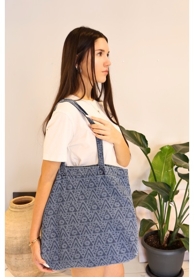 İcone Bag Desenli Yıkamalı Denim Kadın Çantası, Geniş Hacimli, Desenli El Ve Omuz Bez Çanta Shopper Mavi