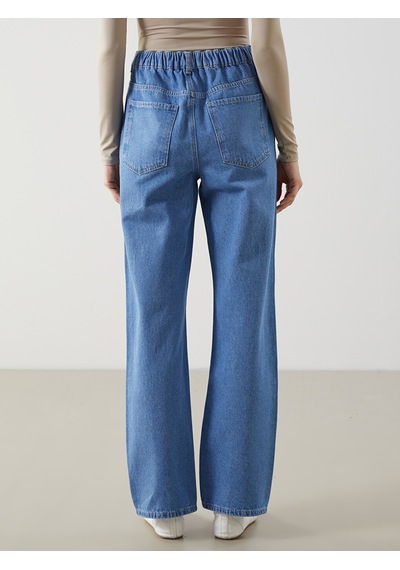 Lcw Comfort İndigo Beli Lastikli Straight Fit Taşlı Kadın Jean Pantolon
