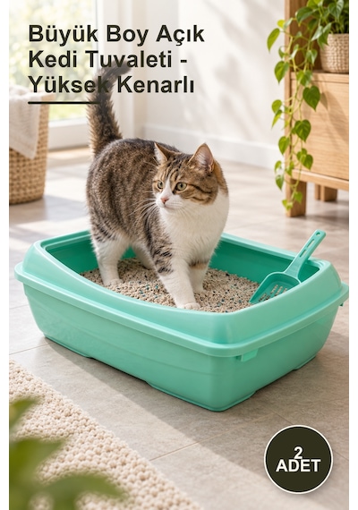 2 Adet Büyük Boy Açık Kedi Tuvaleti - Yüksek Kenarlı