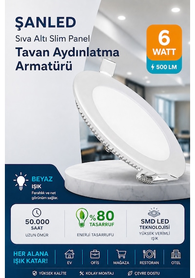 6w Tasarruflu Led Yuvarlak Beyaz Işık Sıva Altı Slim Panel Tavan Aydınlatma Armatürü