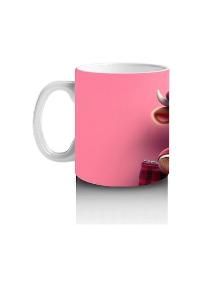 Şapkalı Sevimli Buzağı Ve Pembe Kalpler Baskılı Kupa Bardak Renkli