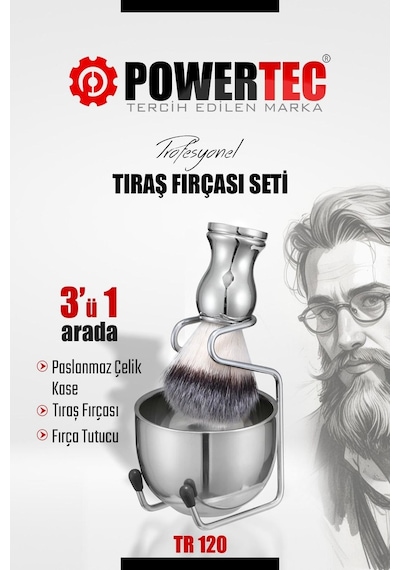 Powertec TR-120 Profesyonel Paslanmaz Çelik Tıraş Fırçası Seti 3'ü 1 Arada Krom