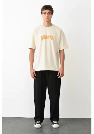 Modi Unisex Bisiklet Yaka Baskılı Oversize T-shirt - Beyaz - Mymg104377