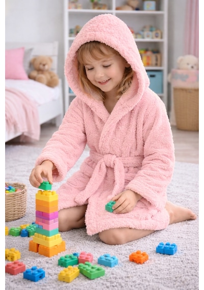 Luna Soft Kız / Erkek Çocuk Kapşonlu Wellsoft Bornoz Peluş Sabahlık Pudra Pudra