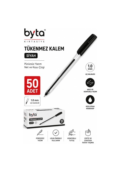 Siyah Tükenmez Kalem 1.0 Mm 50 Adet Akıcı Yazım Siyah