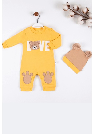 Baby Donat Love Bear Nakışlı % 100 Pamuk Erkek Bebek Tulumu Sarı
