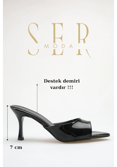 Sermoda Topuklu Kadın Terlik - 7 Cm İnce Topuklu Sivri Burun Kadın Terlik Rugan Siyah