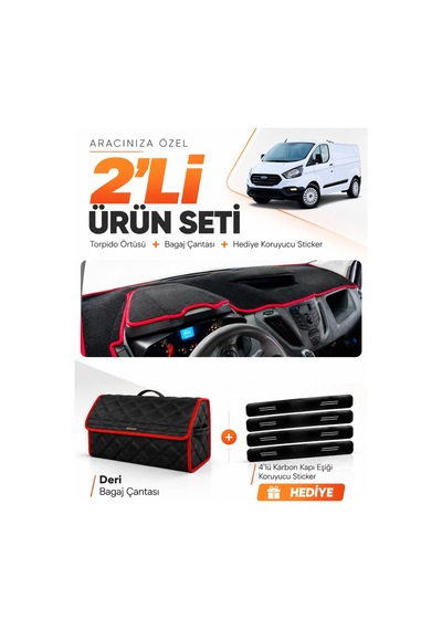 E-biz Ford Transit Custom 2012-2020 Uyumlu Torpido Örtüsü + Deri Çanta - Siyah-kırmızı - Fo033