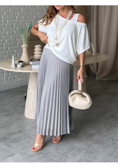 Mirve Butik Puantiyeli Piliseli İkili Elbise Takım Ekru