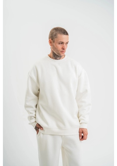 Erkek Uzun Kol Bisiklet Yaka 3 İplik Pamuklu Kışlık Sweatshirt - Beyaz Beyaz