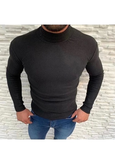Erkek Kaşkorse Boğazlı Full Likralı Fitilli Body Kazak - Siyah