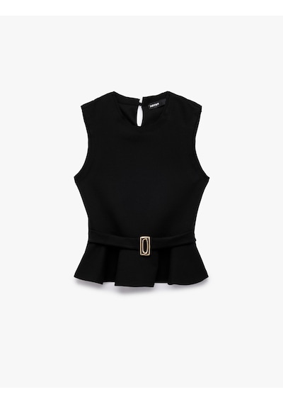 Koton Slim Fit Kolsuz Bisiklet Yaka Kemerli Peplum Bluz Siyah 6sak10193ek Siyah