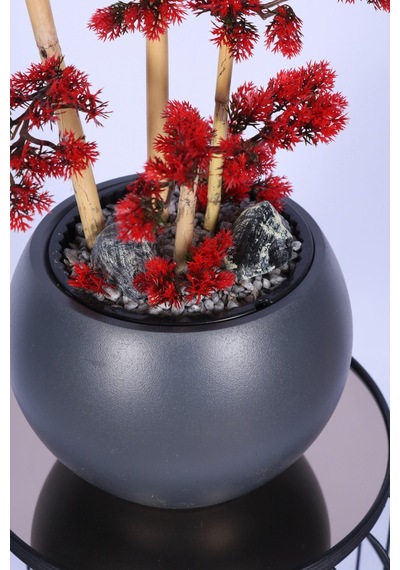 Yapay Çiçek Sitesi Antrasit Küre Saksıda Modern Minimal Tasarım Yapay Bonsai Ağacı Kırmızı 65 Cm