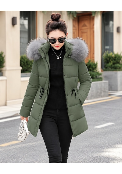 Barbora Kadın Haki Kışlık Orta Boy Şişme Mont Kürk Detaylı Kapüşonlu Belden Büzgülü