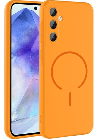 Samsung Uyumlu Galaxy A55 Kılıf Magsafeli Premium Meta Silikon Kapak Turuncu
