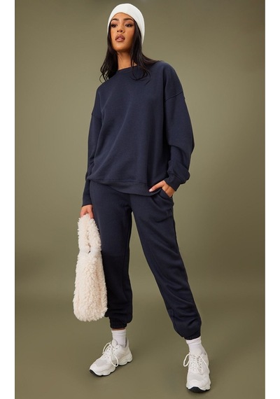 Düz Basic Sweatshirt - Lacivert Uzun Kol Oversize Bisiklet Yaka Lacivert