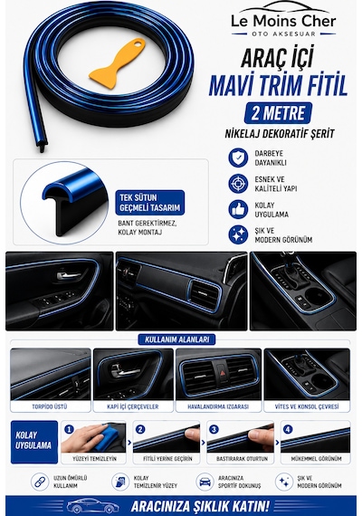 Volkswagen Crafter Panelvan Araç İçi Mavi Trim Fitil 2 Metre Nikelaj Dekoratif Şerit