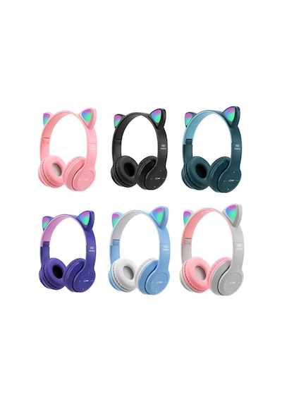 P47m Kedi Kulaklı Bluetooth Kulaklık Rgb Led Işıklı Kablosuz Kulaküstü Şarjlı Kulaklık Hafıza Kartı Ve Aux Girişli Mikrofonlu Kulaklık