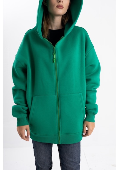 Kapşonlu Fermuarlı Yeşil Hoodie College Yeşil