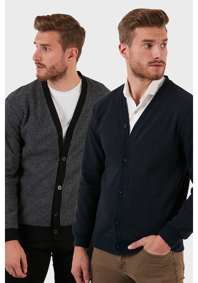 Buratti Pamuklu Regular Fit Düğmeli V Yaka 2'Li Paket Erkek Hırka 456205S2 Gri-Lacivert