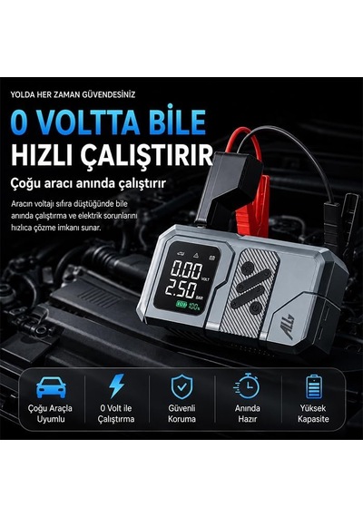 4 İn1 Jump Starter Lastik Sisirme Pompası Ve Powerbank Özellikli Starter Akü Takviye Seti, Sıyah