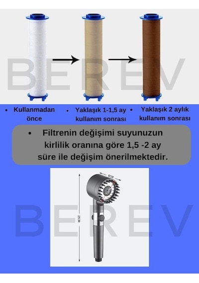 Berev Yeni Nesil Masaj Uçlu Filtreli Stop Tuşlu 360 Döner 3 Fonksiyonlu Su Tasarruflu Basınçlı Duş Başlığı Gri - Gümüş