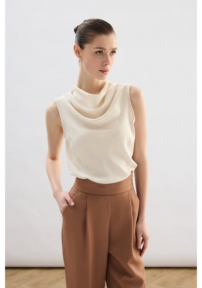 Sateen Degaje Yaka Bluz - Taş-136755 Taş