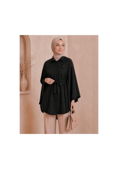 Unika Boutique Çiçekli Düğmeli Panço Siyah