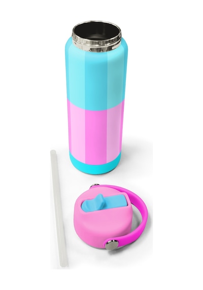 Coral High Turkuaz Pembe Çizgili Desenli Katlanır Ağızlıklı Çelik Termos 650 Ml 38381 Turkuaz