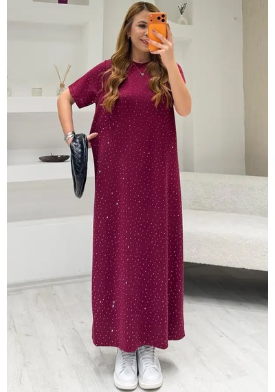 Fiolin Soft Touch Modal Kumaş Taş İşlemeli Elbise Bordo