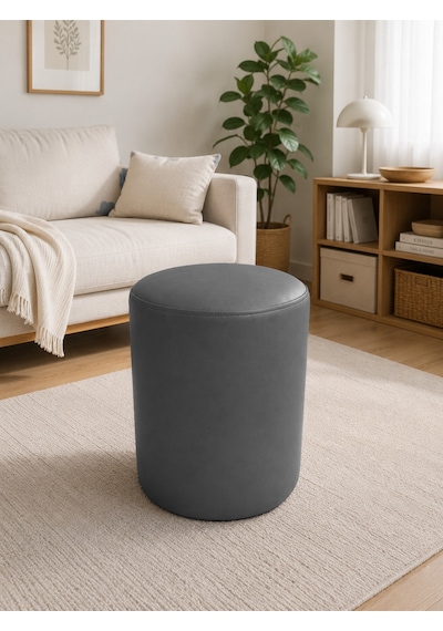 Gri Deri Puf 40x45 Cm Silindir Tasarım Dekoratif Oturma Pufu Salon Yatak Odası Antre
