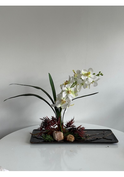 Lüks Yapay Beyaz Phalaenopsis Orkide Aranjmanı Şık Kavisli Kütük Ve Kristal Kayaç Detaylı