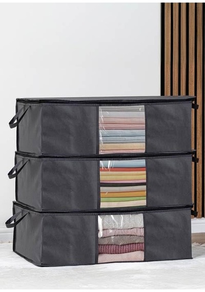 3'lü Siyah Pencereli Hurç Seti 64x45x22 Cm Bez Kumaş Baza Altı Organizer, Şeffaf Pencereli Hurç, Giysi Ve Nevr Diğer