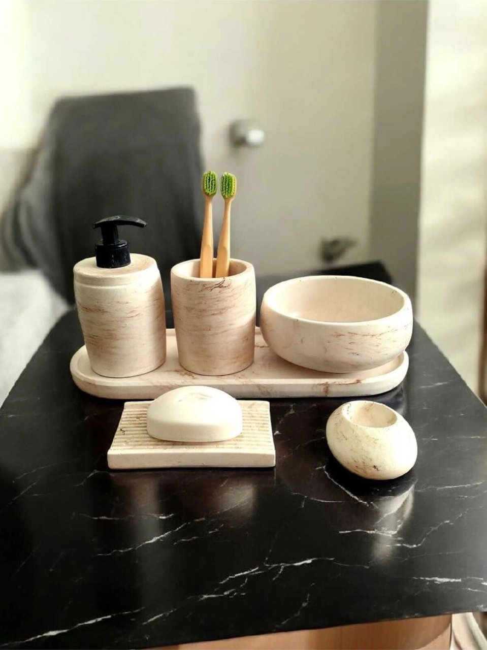 Bej Marble Serisi 6'lı Banyo Seti, Sıvı Sabunluk Diş Fırçalığı Beton Aksesuar Takımı Bej
