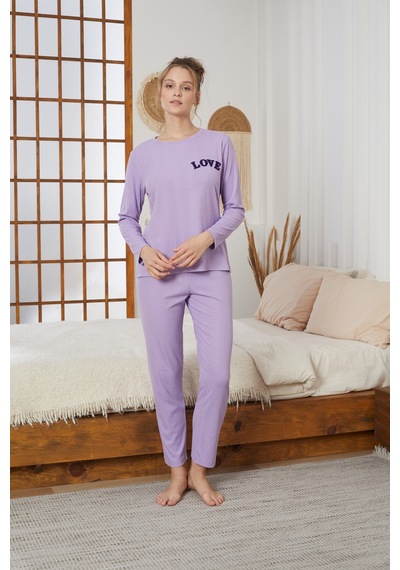 Siyah İnci Love Nakışlı Fitilli Örme Pijama Takım25226001 Lila