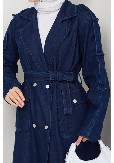 Hb Harma Time Butik Kadın Cepli Kuşaklı Denim Lacivert Trençkot