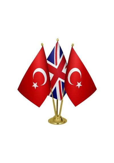 Masa Üstü İngiltere Bayrağı Türk Bayrağı Üçlü Pirinç Direk Masa B