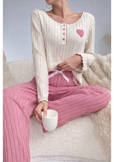 Bella Notte Nakışlı Pembe Pamuklu Kalp Detaylı Pijama Takımı