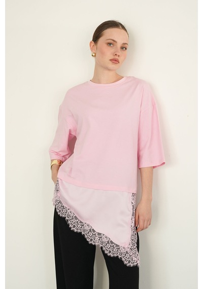 Verymoda Dantel Ve Saten Detaylı Asimetrik Tişört D2942 Pembe