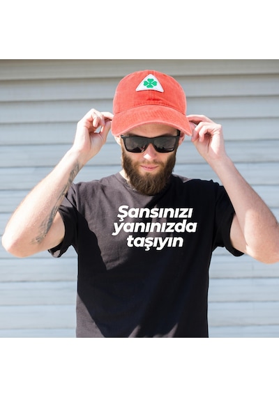 Perlotus Vintage Yıkamalı Pamuk Şapka Dört Yapraklı Yonca Nakışlı Turuncu Turuncu