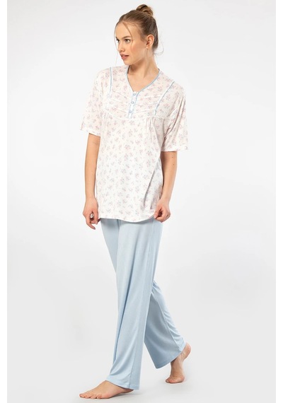 Türen 3369 Kadın Büyük Beden Kısa Kollu Pijama Takım-mavi Çok Renkli