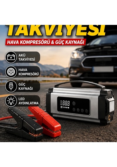 Çok Fonksiyonlu Araç Akü Takviye Cihazı Dijital Hava Kompresörü Led Işıklı Taşınabilir Güç Kaynağı