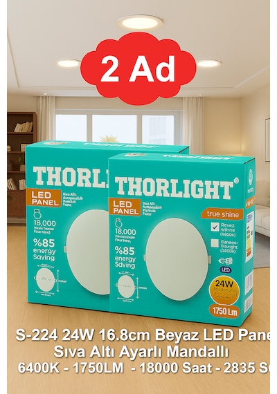 Thorlight 2 Tane S-224 24w Beyaz Led Panel Sıva Altı Aydınlatma 16.8 Cm 6400k Beyaz