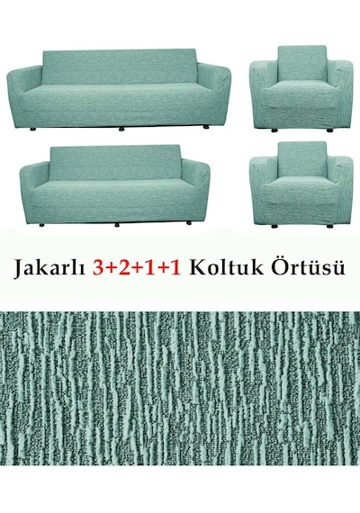 StarMall Jakarlı Çubuk, Düz Desen 3 2 1 1 Lastikli Koltuk, Kanepe, Çekyat Örtüsü, Kılıfı Esnekli Mint Yeşil