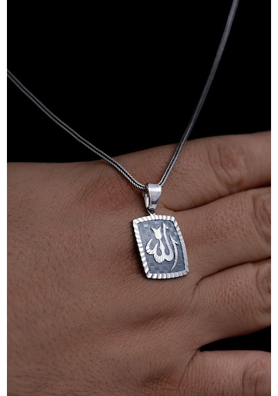 Unisex Gümüş Kalem İşçilikli Allah Yazılı Kolye Zincir