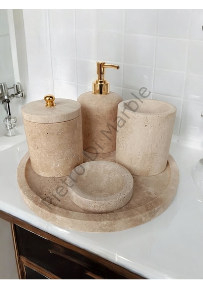 Sarı Traverten Klasik Model 5 Parça Gold Renk Düğme Aksesuarlı Banyo Seti Sarı Traverten